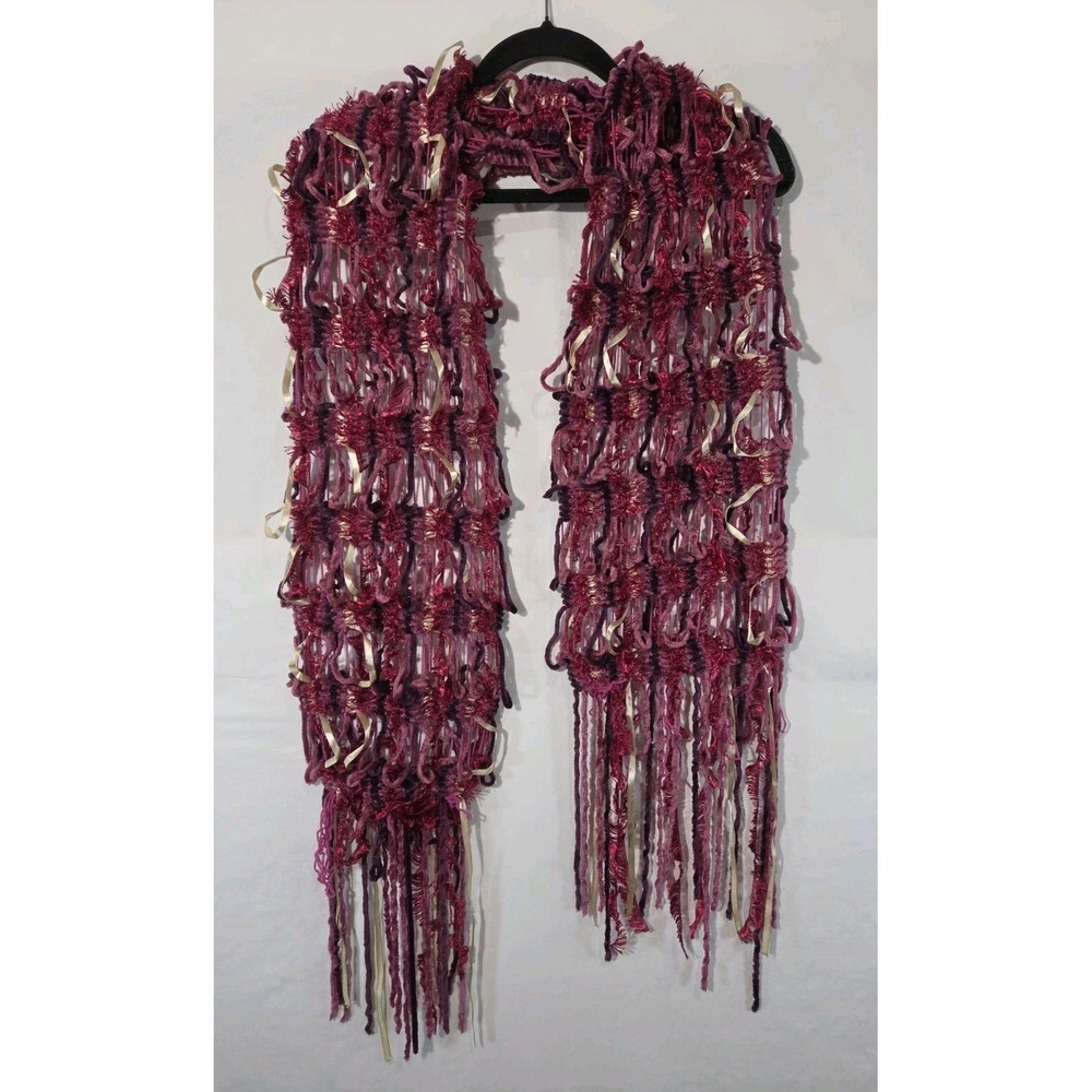 Open Weave Knit Scarf Shawl Womens Burgundy Boho‎ Ribbon Fringe Mixed Media 90"